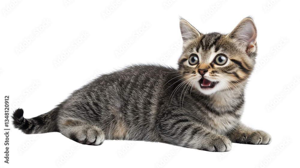 Obraz premium A playful tabby cat with its mouth slightly open and whiskers spread, expressing a surprised look, isolated on a Transparent background, PNG file