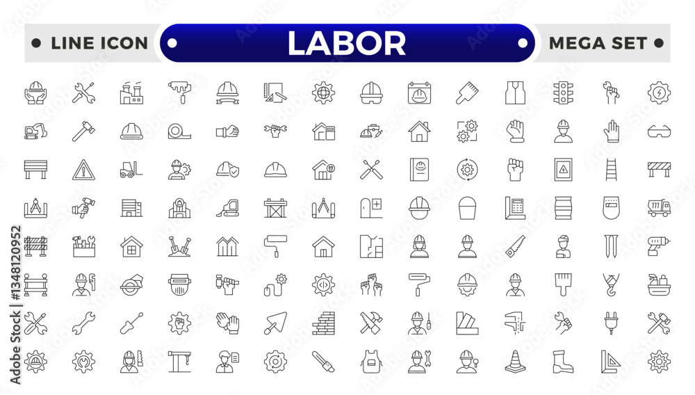 Labor outline icon set. Contains linear outline icons like Helmet ...