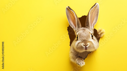 黄色い壁から顔を出すウサギの可愛らしい表情