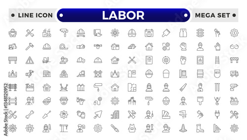 Labor outline icon set. Contains linear outline icons like Helmet, Screwdriver, Worker, Vest, Flag, Crane, Brick, Roller, Gear, Construction, Builder, Factory, Hardhat.