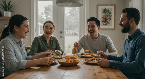 A diverse group of four friends enjoying a meal together in a bright, modern home. They are smiling and engaged in conversation, sharing a delicious homemade breakfast.