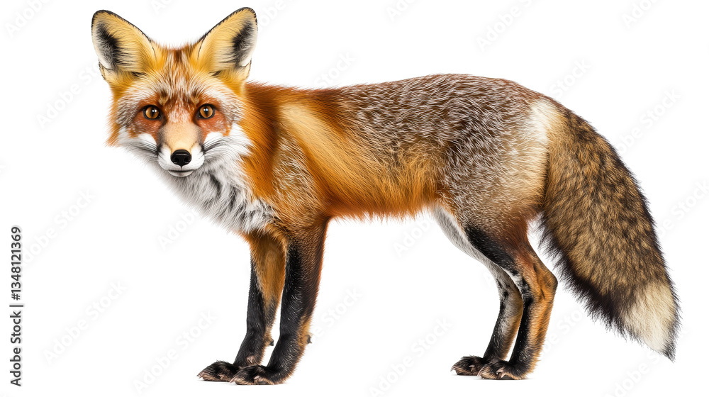A red fox in a captivating portrait with a mix of realistic fur textures and colorful splashes of paint, giving a modern artistic touch, isolated on a white background A red fox in a captivating portrait with a mix of realistic fur textures and colorful splashes of paint, giving a modern artistic touch, isolated on a white background