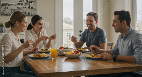 A diverse group of four friends enjoying a meal together in a bright, modern home. They are smiling and engaged in conversation, sharing a delicious homemade breakfast.