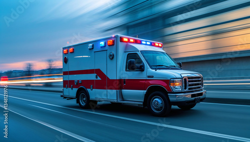 Ambulance Driving Fast on Highway with Flashing Lights
