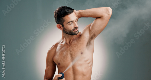 Spray, armpit and skincare for man, studio and wellness for skin with deodorant, hygiene and space. Healthy, cosmetics and body care for underarm with fragrance, grooming and person with product