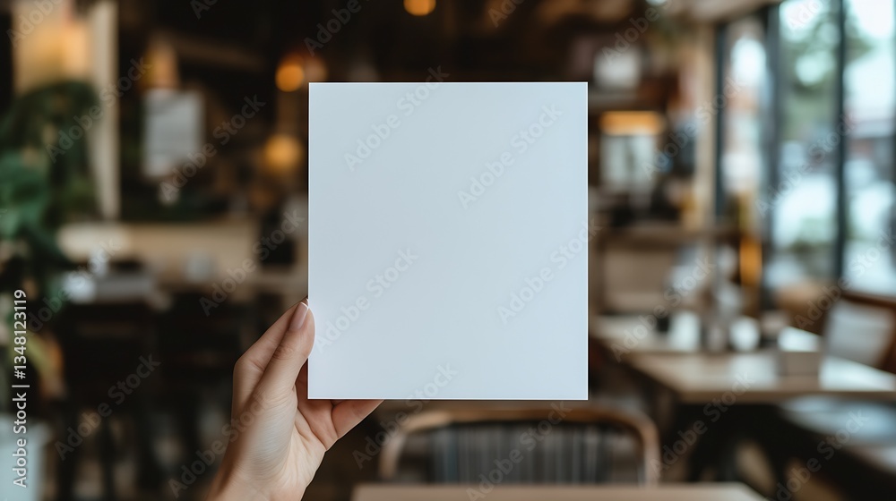 Person holding a clean white sheet of paper in a bright cafe for artistic expression and ideas : Generative AI Person holding a clean white sheet of paper in a bright cafe for artistic expression and ideas : Generative AI
