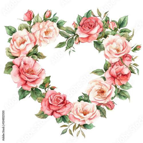 Watercolor Rose Heart Wreath Isolated on Transparent Background