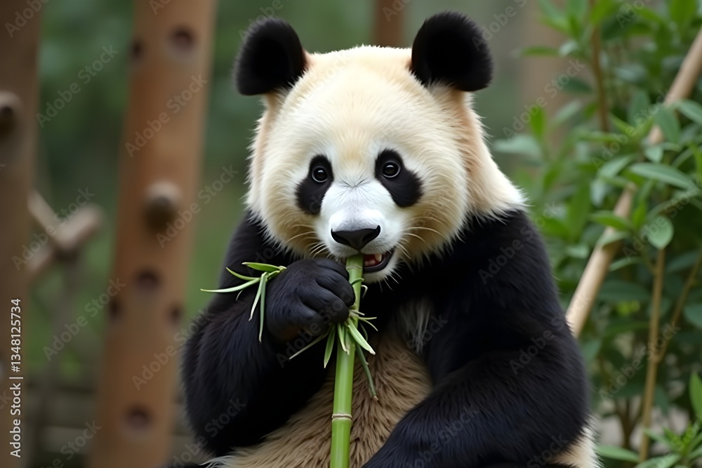 A Panda Munching on Fresh Bamboo in a Sanctuary A Panda Munching on Fresh Bamboo in a Sanctuary