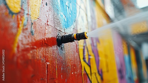 A water hose spraying water onto a colorful graffiti wall art
