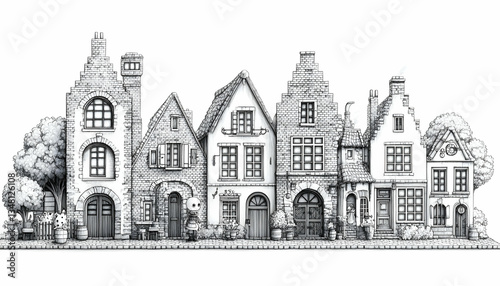 Charming row of quaint, stone houses, meticulously drawn in pencil sketch style, set against a backdrop of lush greenery