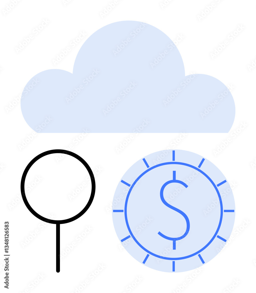 Cloud above magnifying glass and dollar coin represents cloud storage, data search, and online finance. Ideal for technology, digital economy, cloud computing, financial analysis, online Cloud above magnifying glass and dollar coin represents cloud storage, data search, and online finance. Ideal for technology, digital economy, cloud computing, financial analysis, online
