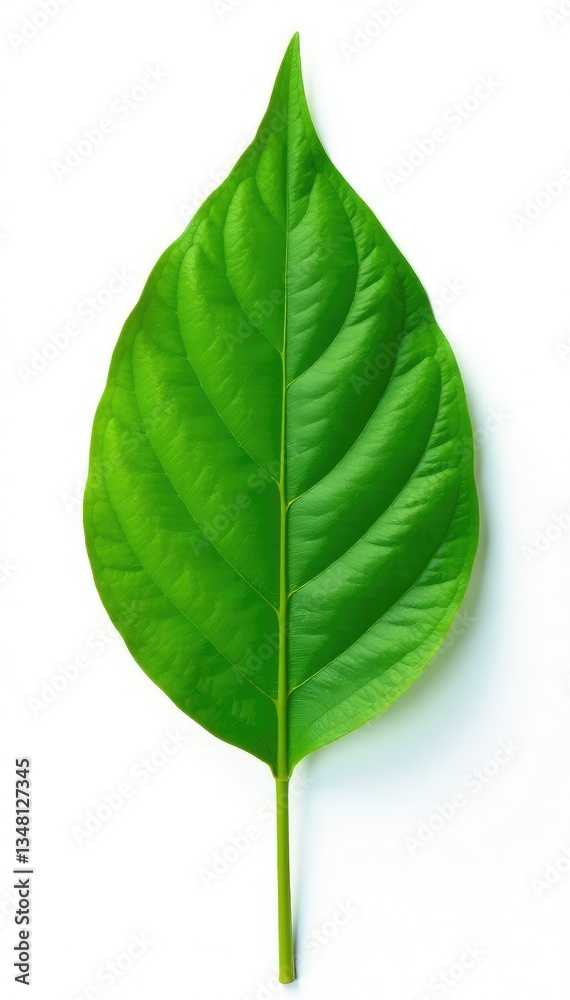Obraz premium A single leaf with intricate veins isolated on a white background, foliage, green, botanical