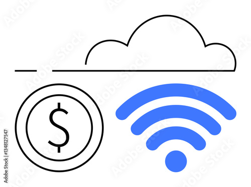 Cloud linked with wireless signal and dollar coin depicting digital payment, cloud storage, and technology. Ideal for finance, technology, connectivity, cloud computing, wireless networks