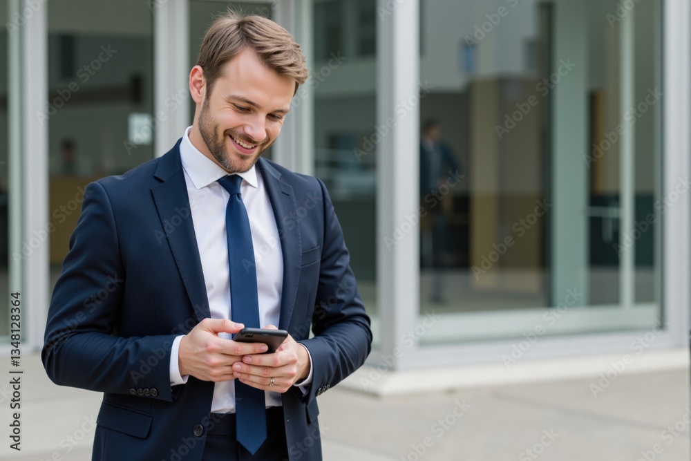 A 30-year-old Caucasian male business professional in a suit smiles while using a smartphone outside a modern office building. A 30-year-old Caucasian male business professional in a suit smiles while using a smartphone outside a modern office building.
