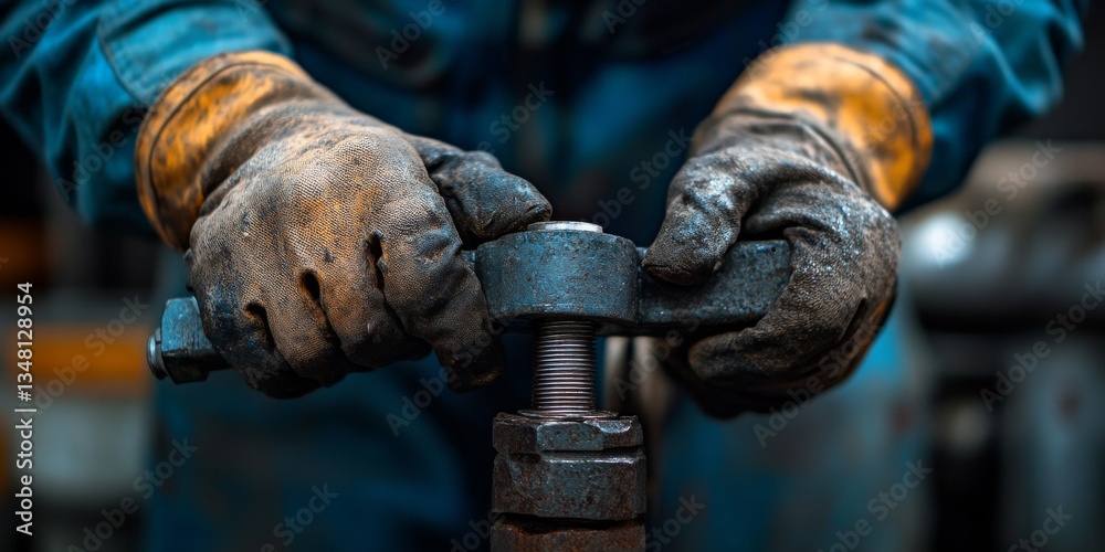 Factory worker tightening bolt with wrench in industrial setting