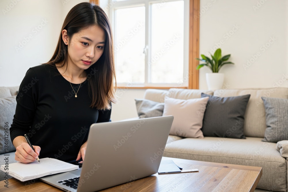 Young Asian Woman in Black Sweater Working Remotely at Home Office, Taking Notes while Using Laptop, Cozy Living Room with Green Plant and Soft Cushions Young Asian Woman in Black Sweater Working Remotely at Home Office, Taking Notes while Using Laptop, Cozy Living Room with Green Plant and Soft Cushions