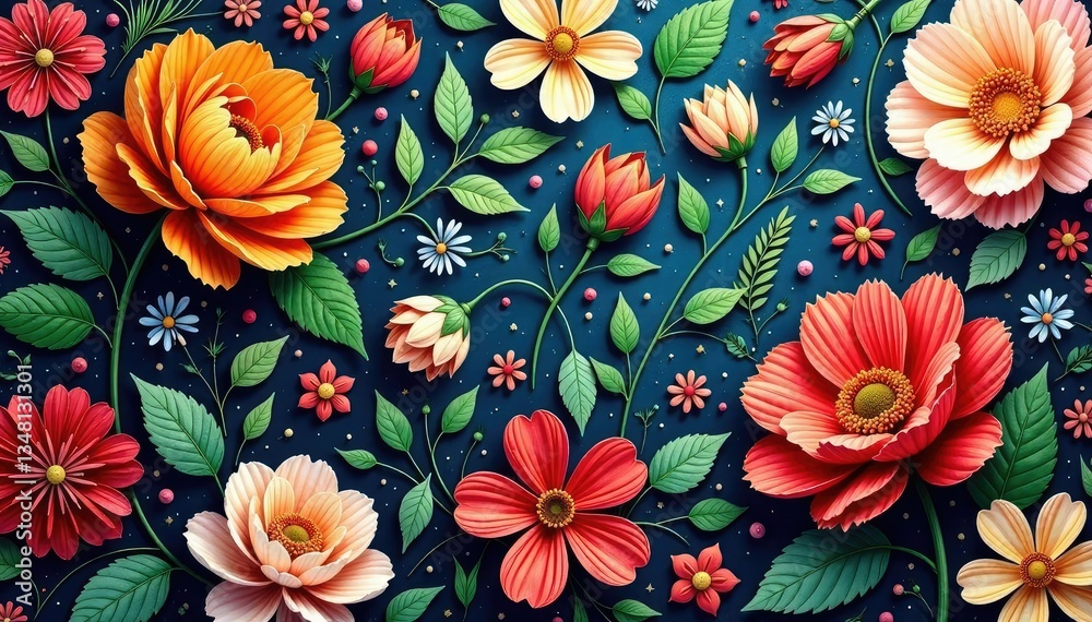 Intricate floral textile with a symmetrical layout, design, detail Intricate floral textile with a symmetrical layout, design, detail