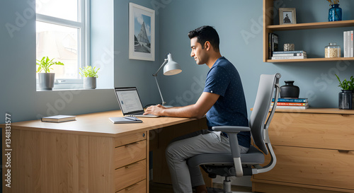 A young professional works remotely from a well-organized home office. Sitting in an ergonomic chair, focuses on laptop.
