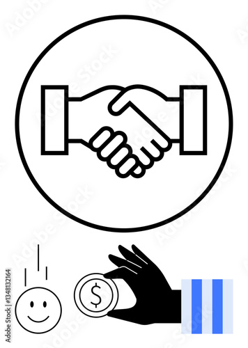 Handshake inside a circle, smiling face, and coin in hand suggesting themes of trust, agreement, commerce, giving, collaboration, partnerships and transactions. Ideal for teamwork negotiation