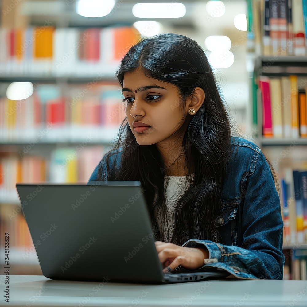 Young Woman Studying Using Laptop in Library Books As a Background Young Woman Studying Using Laptop in Library Books As a Background