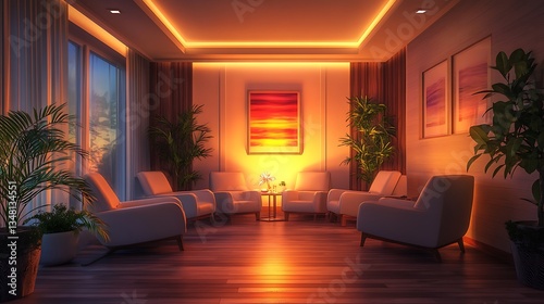 Relaxing evening gathering in modern lounge cozy atmosphere interior
