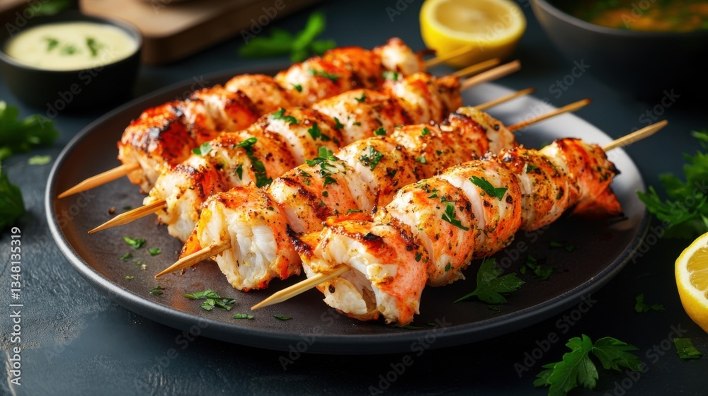 Grilled Salmon Skewers with Fresh Herbs and Lemon Slices Grilled Salmon Skewers with Fresh Herbs and Lemon Slices