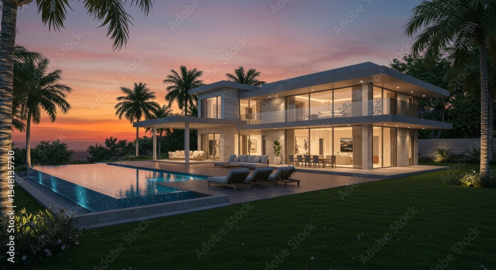 Fototapeta premium Luxury Modern Villa with Stunning Sunset Views and Pool