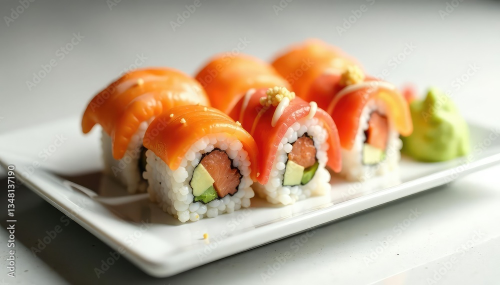 Elegant sushi arrangement on white background, clean, isolated Elegant sushi arrangement on white background, clean, isolated