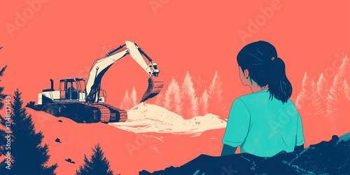 A girl watching tractors destroyed a forest, a sad reality