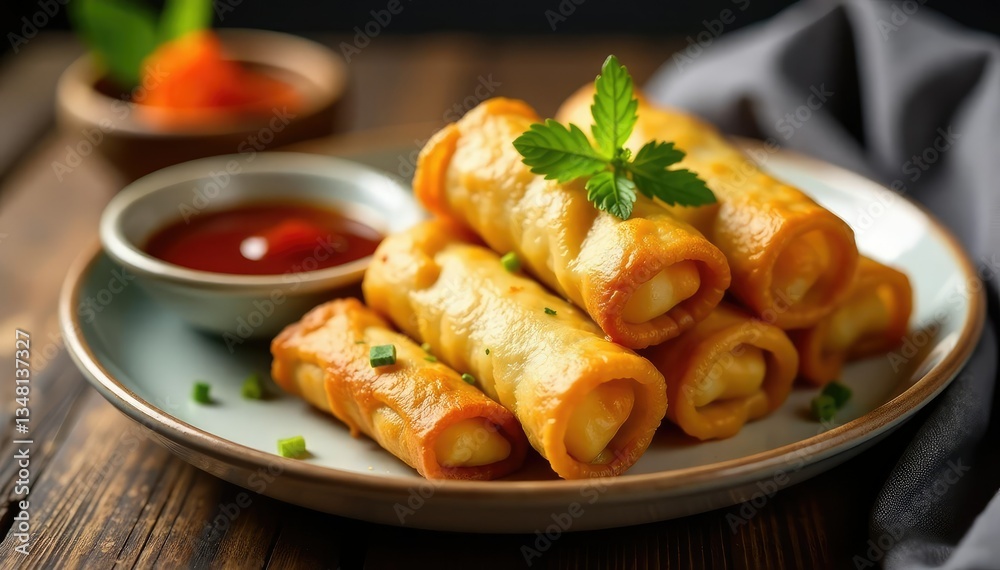 Crispy golden spring rolls, soy sauce dish, garnish, meat, shrimp, white background Crispy golden spring rolls, soy sauce dish, garnish, meat, shrimp, white background