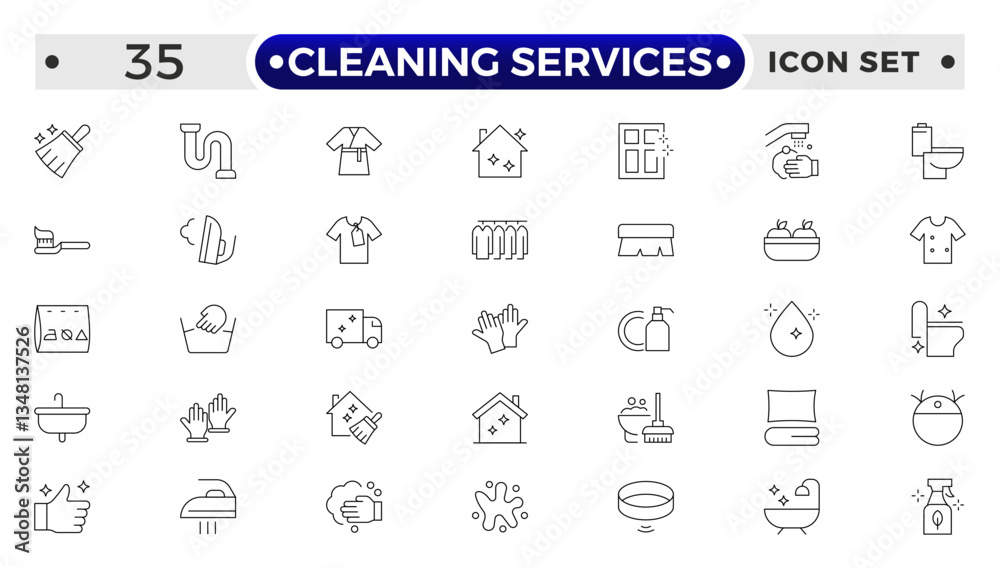 Cleaning Services icon set with broom, mop, vacuum cleaner, dustpan, duster, cleaning cloth, sponge, brush, cleaning spray, bucket icon. Laundry, Window sponge and Vacuum cleaner. Cleaning Services icon set with broom, mop, vacuum cleaner, dustpan, duster, cleaning cloth, sponge, brush, cleaning spray, bucket icon. Laundry, Window sponge and Vacuum cleaner.