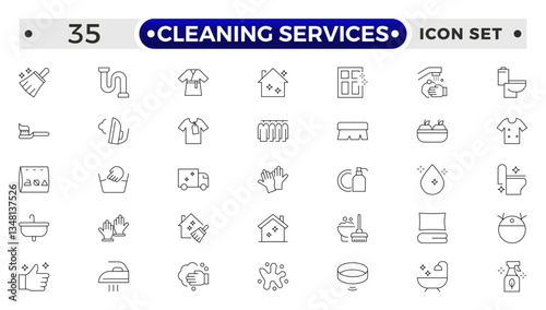 Cleaning Services icon set with broom, mop, vacuum cleaner, dustpan, duster, cleaning cloth, sponge, brush, cleaning spray, bucket icon. Laundry, Window sponge and Vacuum cleaner.