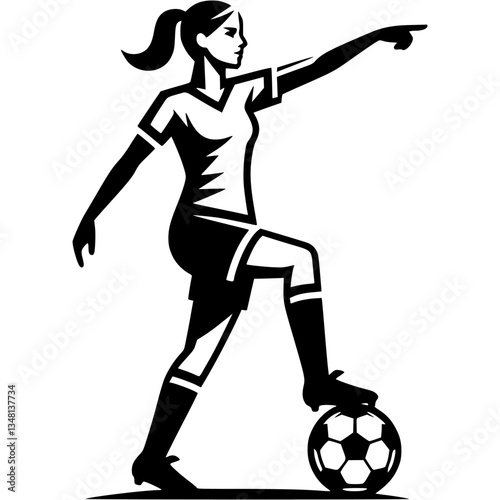 Sport emblem of female soccer player put her foot on ball and points with her hand in direction of pass in monochrome. Engraving minimalistic vector in black ink drawing on transparent background