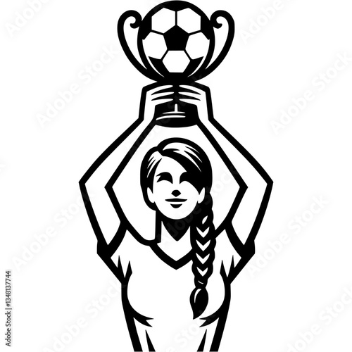 Sport emblem of girl captain of youth football team solemnly raised championship cup over her head in monochrome. Engraving minimalistic vector in black ink drawing on transparent background