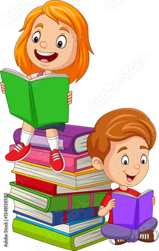 Cartoon kids reading and sitting on a stacked books