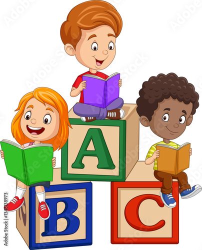 Cartoon kids reading and sitting on alphabet blocks