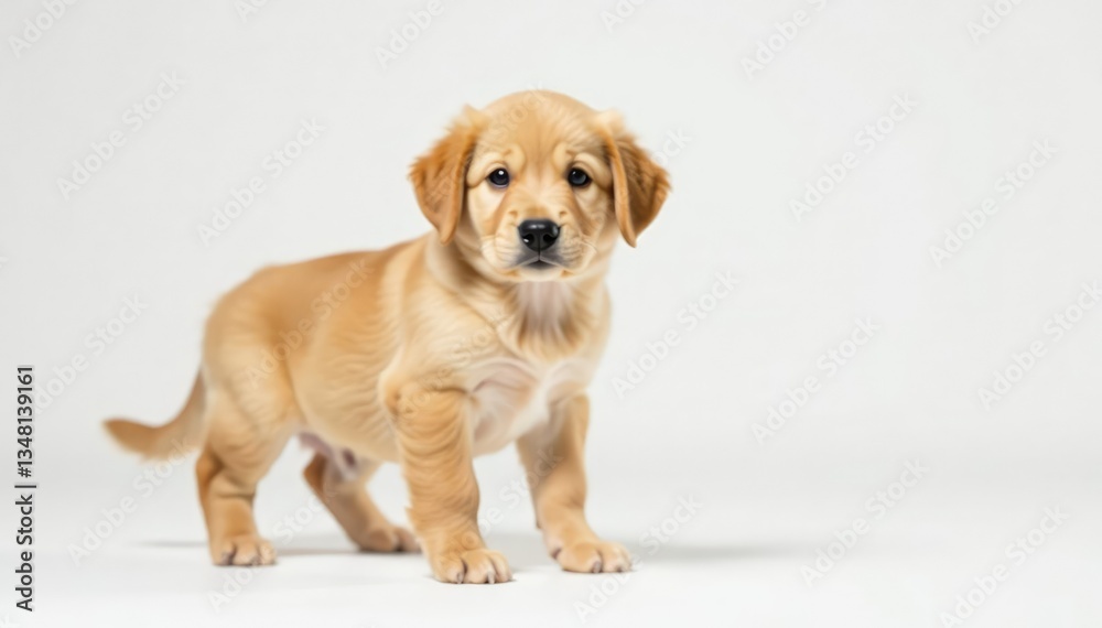 Golden Retriever puppy stands, pristine white backdrop, canine, dog photography Golden Retriever puppy stands, pristine white backdrop, canine, dog photography