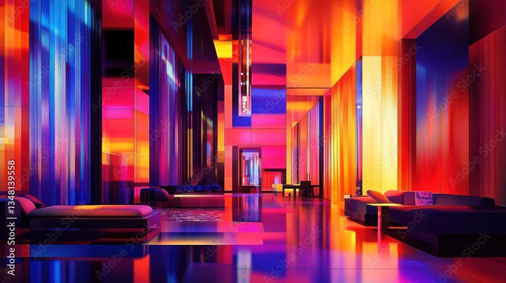 Fototapeta premium Vibrant Neon Lounge: A Digital Rendering of a Modern, Luxurious Interior Space