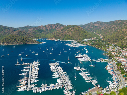 Fototapeta Naklejka Na Ścianę i Meble -  Gocek Island and Gocek Marina Drone Photo, Gocek Fethiye, Mugla Turkiye (Turkey)