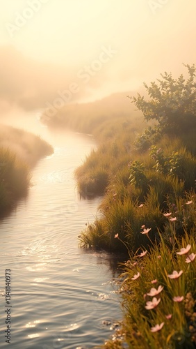 Serene Dawn Reflection on a Misty River