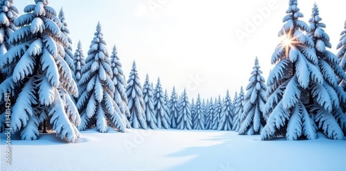Snowy forest landscape isolated on white background, nature, peaceful, winter