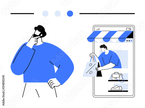 Man thinking with hand on chin near smartphone displaying a digital store interface. Ideal for e-commerce, decision-making, online shopping, retail, digital marketing, consumer behavior, flat simple