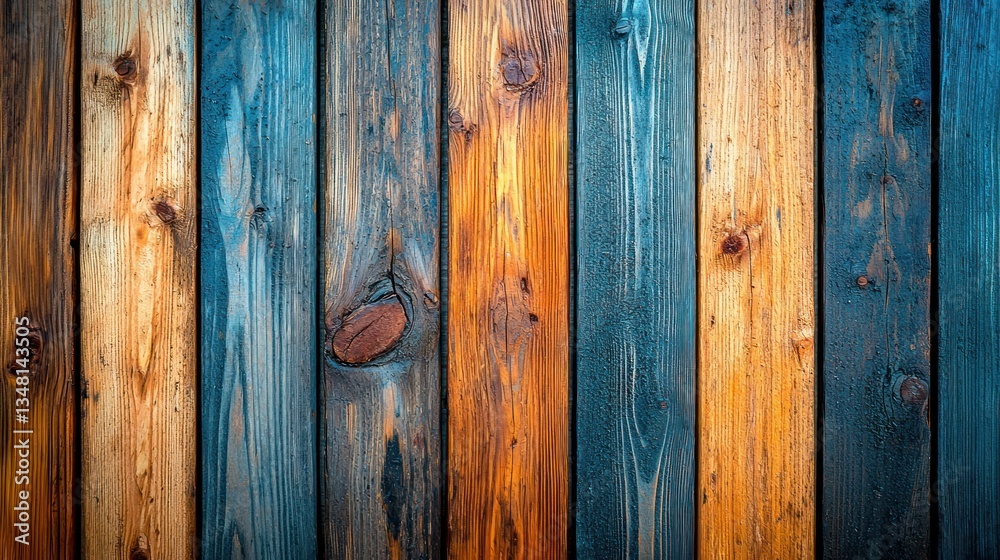 Fototapeta premium Varied wooden planks show blue, orange, and brown hues. Rustic and textured