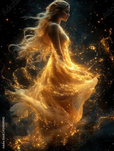 Ethereal woman in flowing golden gown, luminous with stardust and shadow