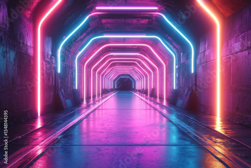 Neon lights illuminate a tunnel, casting a vibrant and colorful glow, creating a futuristic and captivating atmosphere.