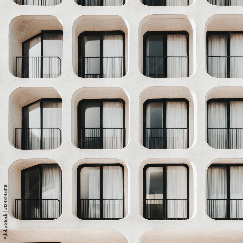 Fototapeta premium Old building with windows and brick walls in the city featuring detailed glass patterns and architectural design