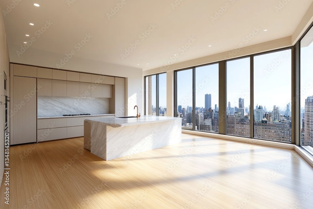 Obraz premium Modern luxurious kitchen design with city view through large windows