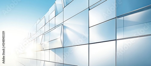 Modern Commercial Building: Ultrahigh Resolution Close-up of Glass Facade, Sunlight Reflection, Cutting-Edge Architecture, Clean Lines, Geometric Shapes, Contemporary Urban Development, Innovation