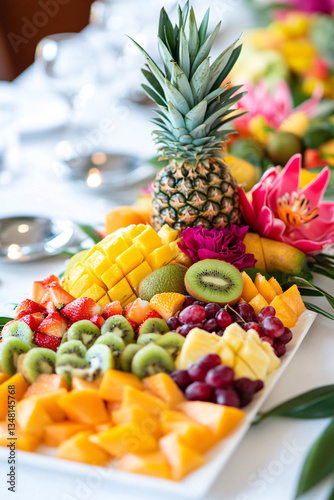 tropical fruit platter with pineapple and flowers on white tablecloth
