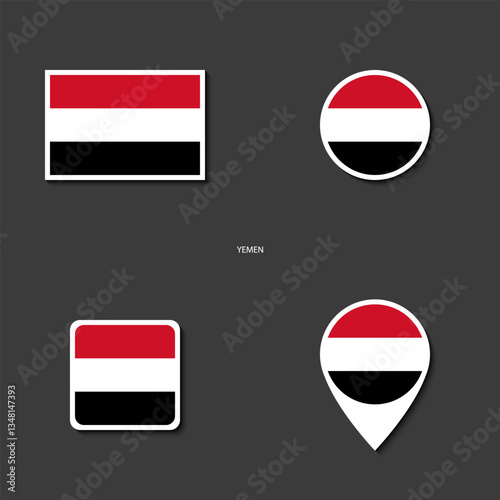Yemen flag icon set in different shape (rectangle, circle, square and marker icon) on dark grey background. Yemen sticker icon collection on barely dark background	
